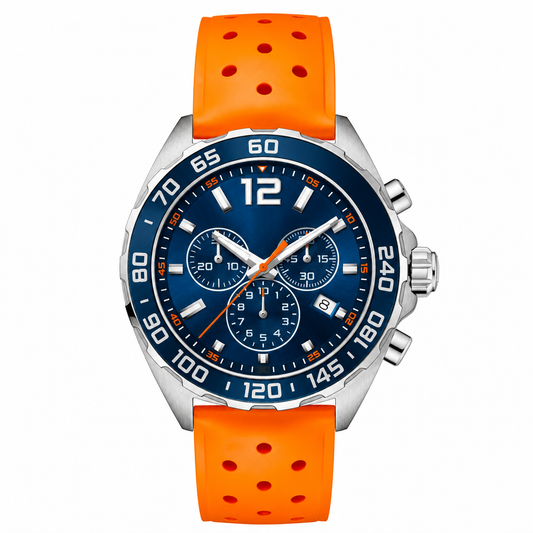Sport chronograph watch with blue dial and orange rubber strap