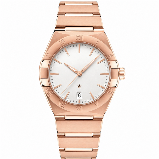 Rose gold tone dress watch with white dial and metal bracelet, 39mm size