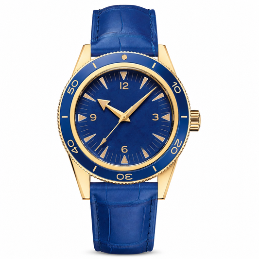 41mm gold-tone case watch with blue dial and leather strap on white background
