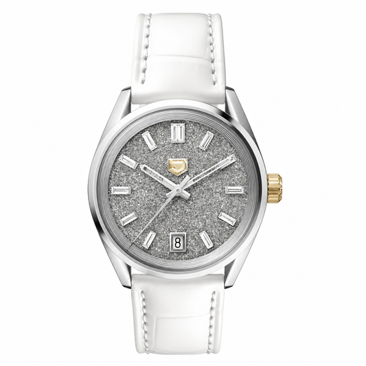Dress watch with white leather strap and silver textured dial