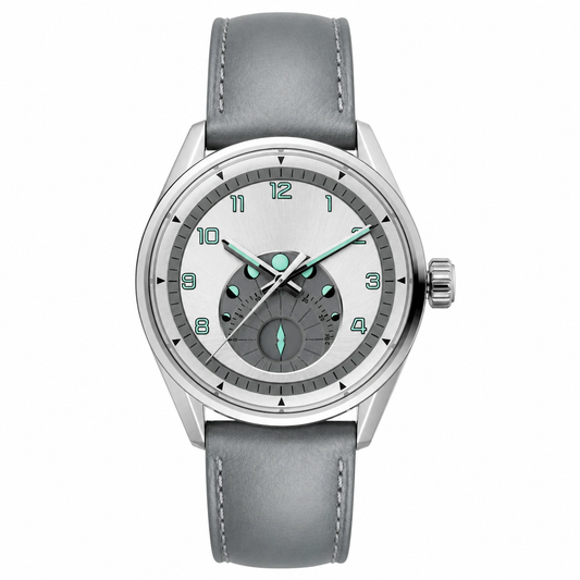Silver dial watch with grey leather strap product photo