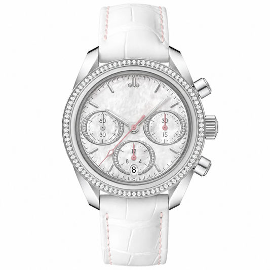 Women's dress chronograph watch with white mother-of-pearl dial, crystal bezel, and white leather strap