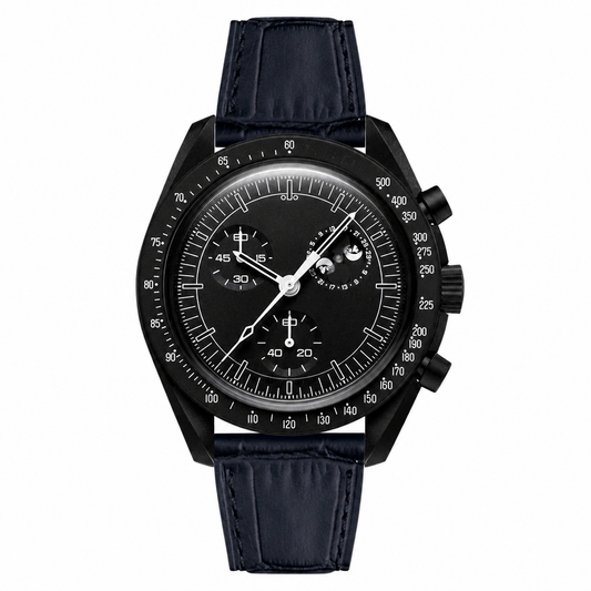 Chronograph watch with black dial and dark leather embossed strap