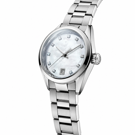Stainless steel dress watch with mother-of-pearl dial and crystal markers
