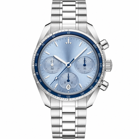 Chronograph watch with light blue dial and silver metal bracelet on white background