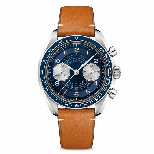 Dress watch with dark blue dial, polished steel case, and tan leather strap product photo
