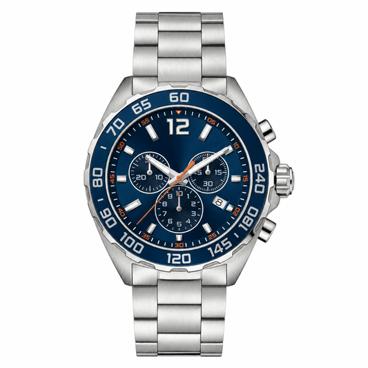 Chronograph watch with blue dial and silver metal bracelet on white background product photo