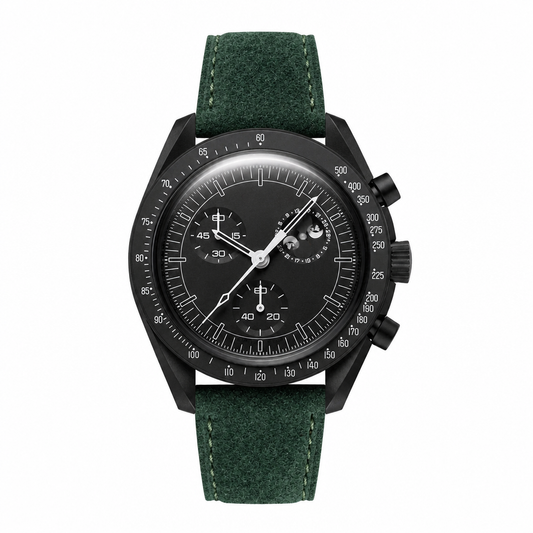 Chronograph watch with black dial and dark green suede strap on white background