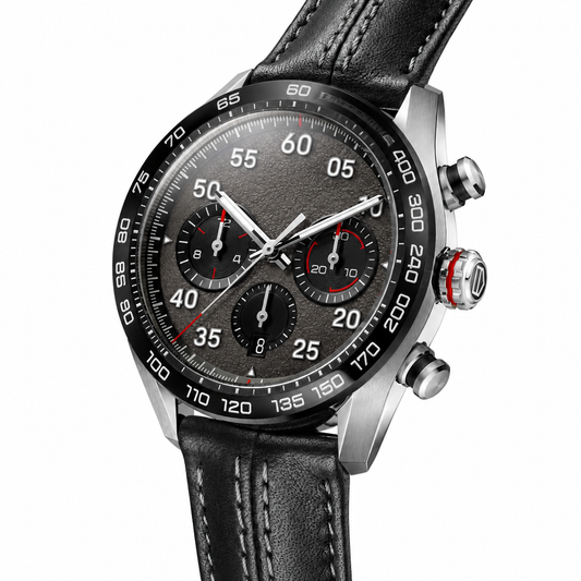 Chronograph watch with black dial, black leather strap, and silver stainless steel case on white background