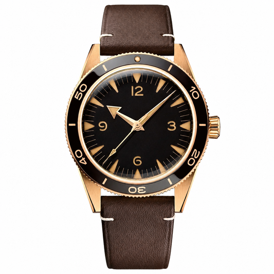 Classic casual watch with black dial, gold-tone case, and brown leather strap