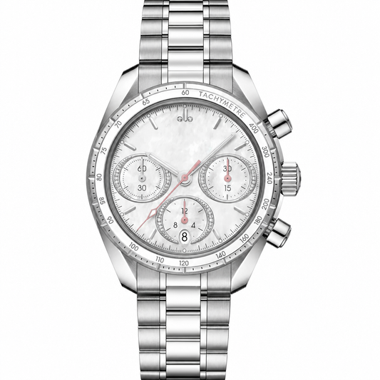 Silver-tone chronograph watch with white dial and metal bracelet 38mm
