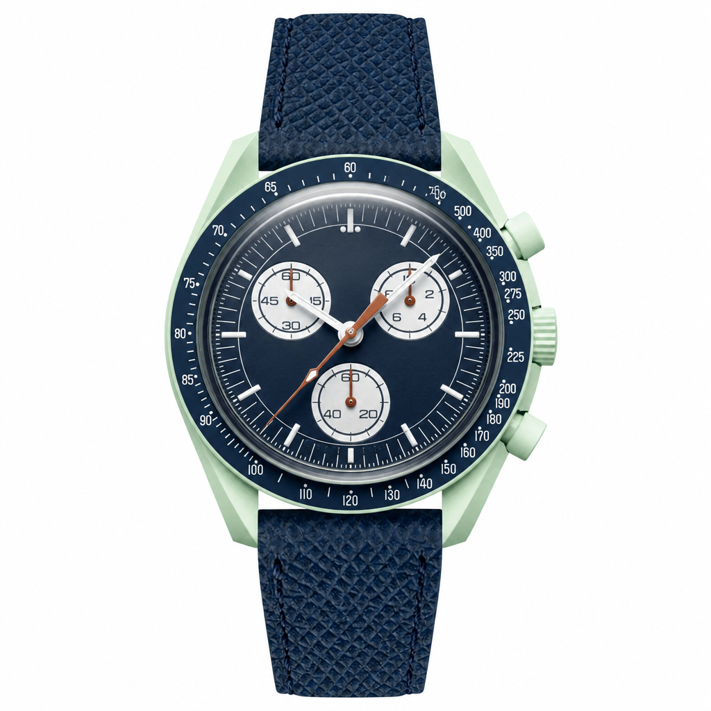 Chronograph watch with navy blue dial and leather strap, light green case