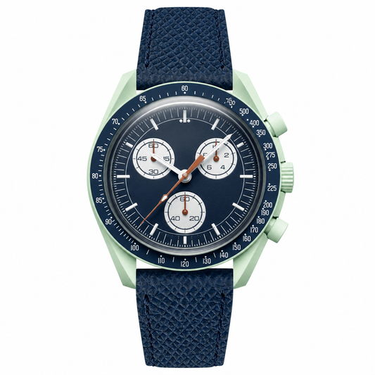 Chronograph watch with navy blue dial and leather strap, light green case