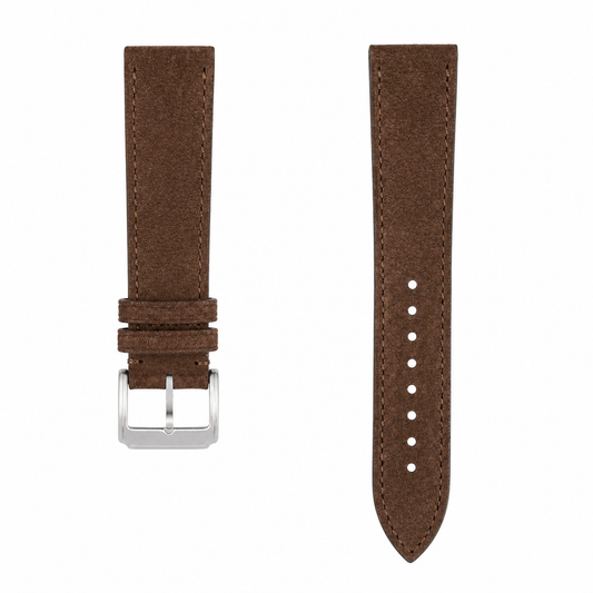 Brown suede leather watch strap with metal buckle, 20mm lug width