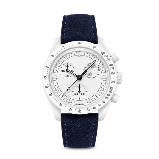 Chronograph watch with white dial and blue suede strap on white background