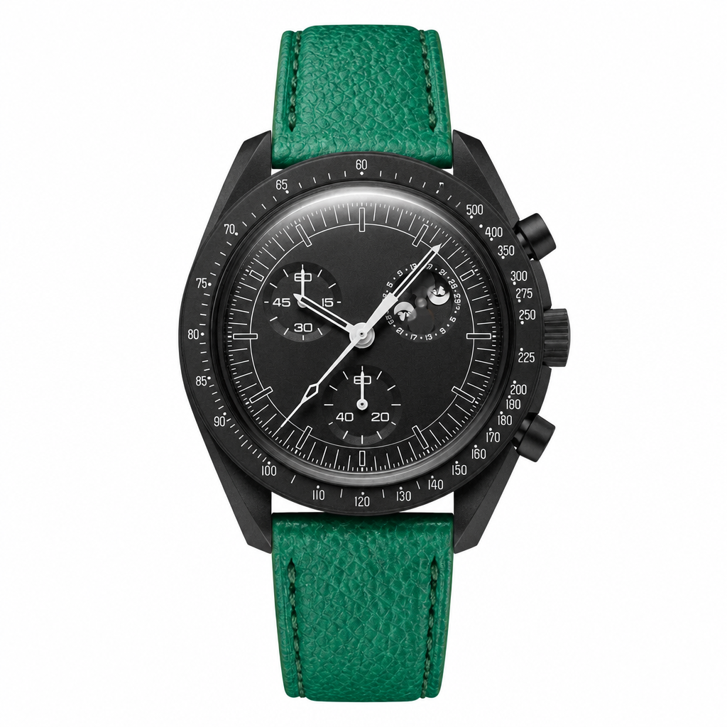 Chronograph watch with black case, dark dial, and green leather strap on white background