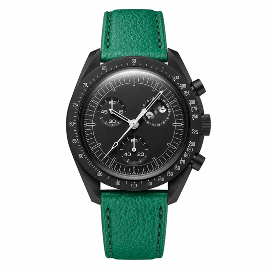 Chronograph watch with black case, dark dial, and green leather strap on white background
