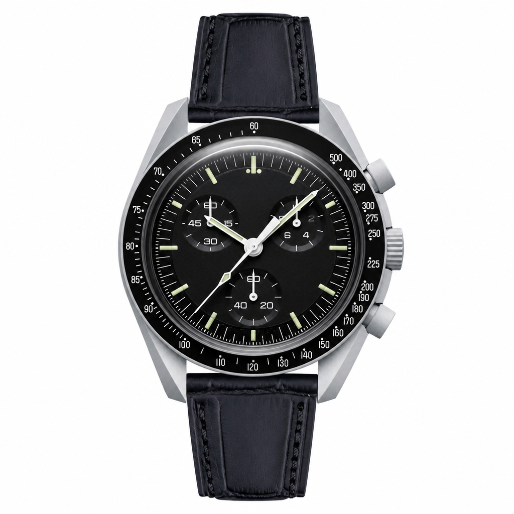Chronograph watch with black dial and black leather strap on white background product photo
