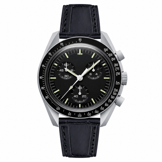 Chronograph watch with black dial and black leather strap on white background product photo