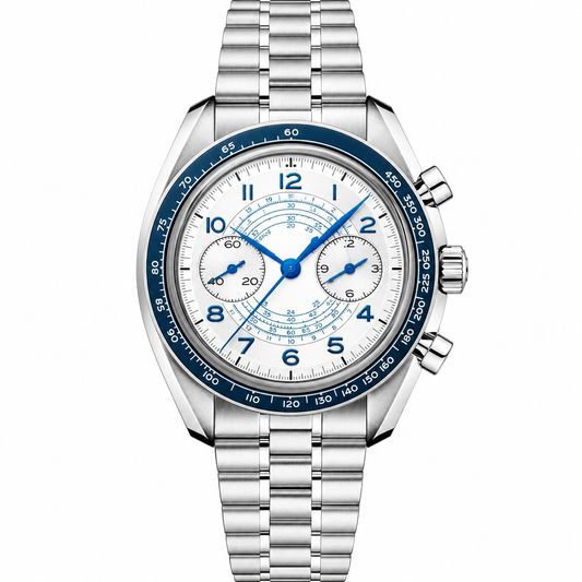 Chronograph watch with white dial, blue markers, blue bezel, and stainless steel bracelet