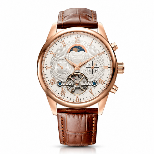 Dress watch with rose gold case, white dial with Roman numerals, and brown leather strap