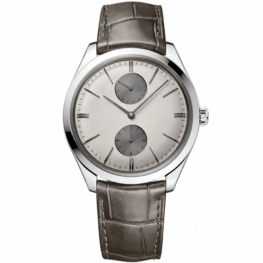 Dress watch with beige dial, silver case, and brown leather strap, 40mm size