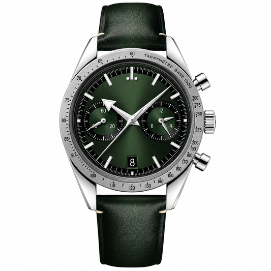 Chronograph watch with green dial and leather strap, stainless steel case, 41mm size
