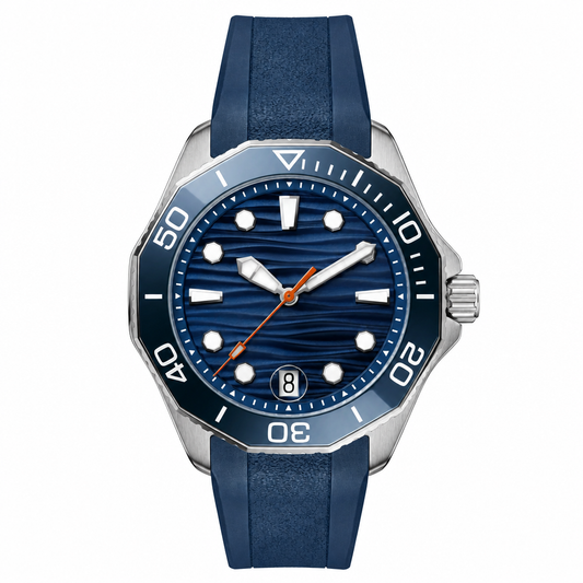Sport watch with blue dial and blue rubber strap on white background