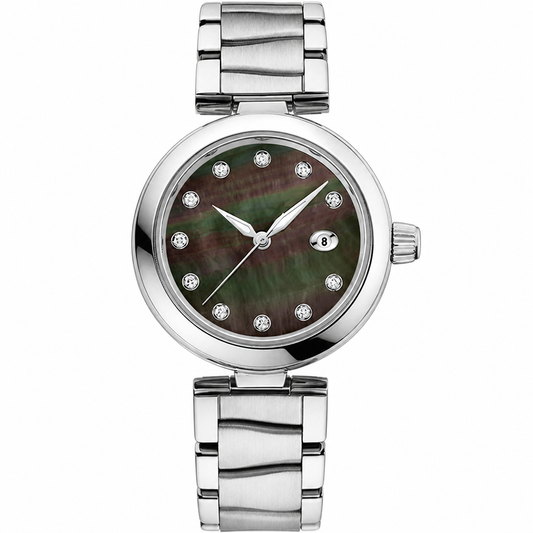 Women's dress watch with silver stainless steel bracelet and mother-of-pearl dial with diamond markers, 34mm case size