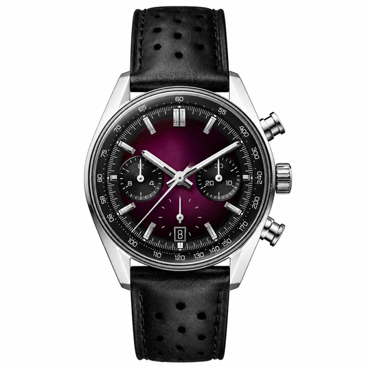Sport Chronograph Watch with dark purple dial and black leather strap