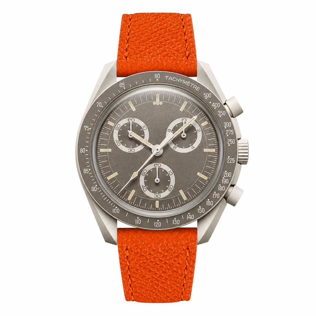 Gray dial watch with orange leather strap on white background