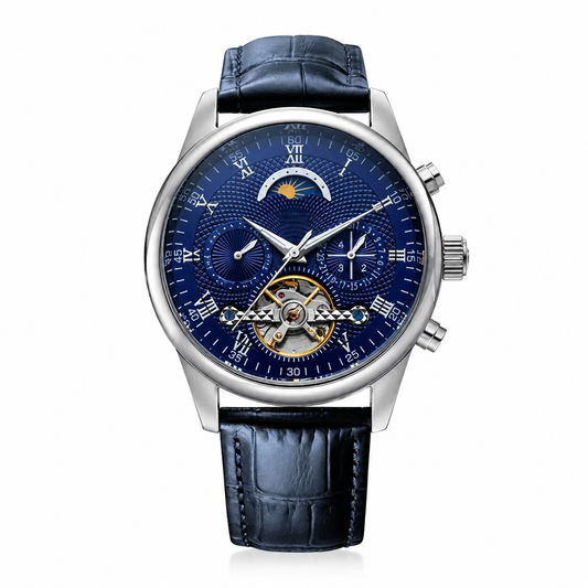 Blue dial dress watch with silver-tone case and blue leather strap