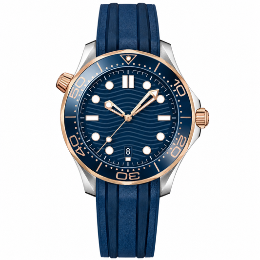 42mm diver watch with blue dial, two-tone metal case, and blue rubber strap