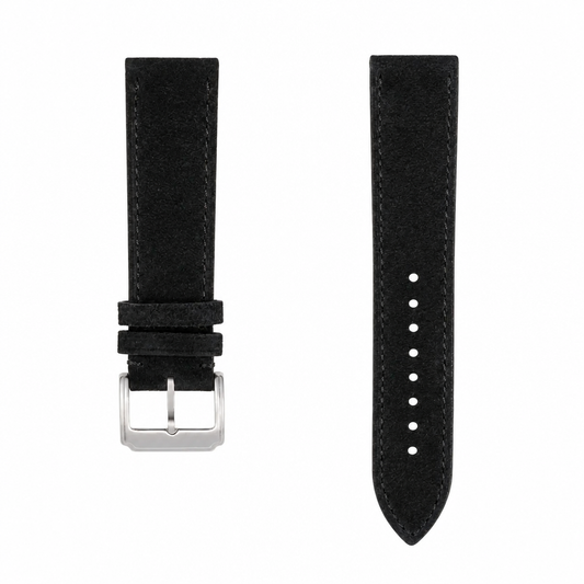 Black suede leather watch strap with silver buckle 20mm