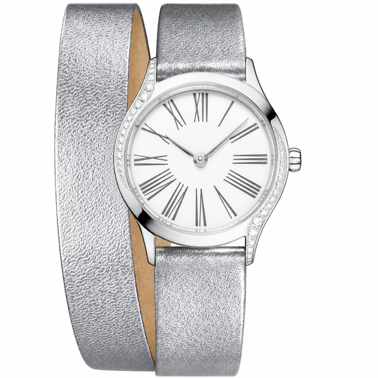 Elegant silver-tone dress watch with white dial and double-wrap metallic leather strap