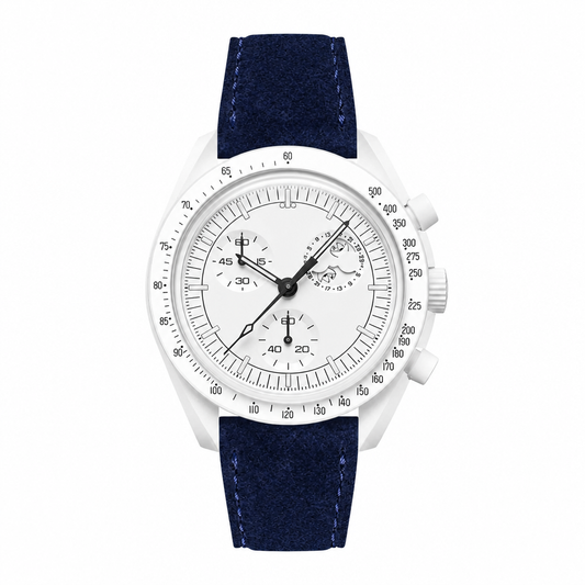 White dial dress watch with dark blue suede strap on white background