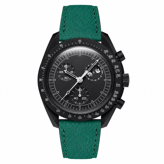 Sport chronograph watch with black dial and green leather strap