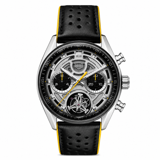 Sport chronograph watch with black perforated leather strap and silver case
