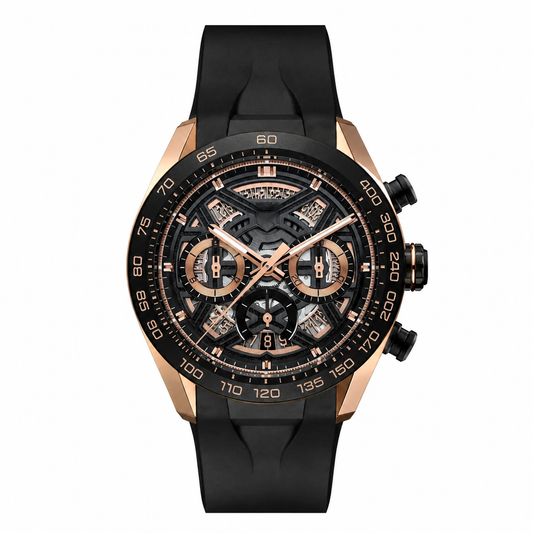 Sport chronograph watch with rose gold tone case and black rubber strap