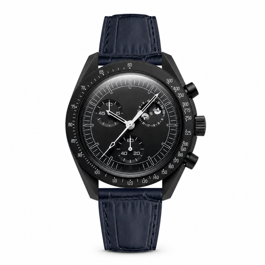 Dress watch with black dial and dark blue leather strap on white background