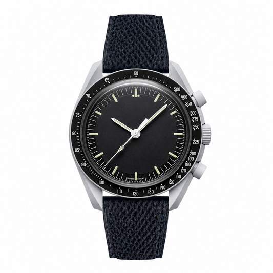 Chronograph watch with black dial and textured black strap front view