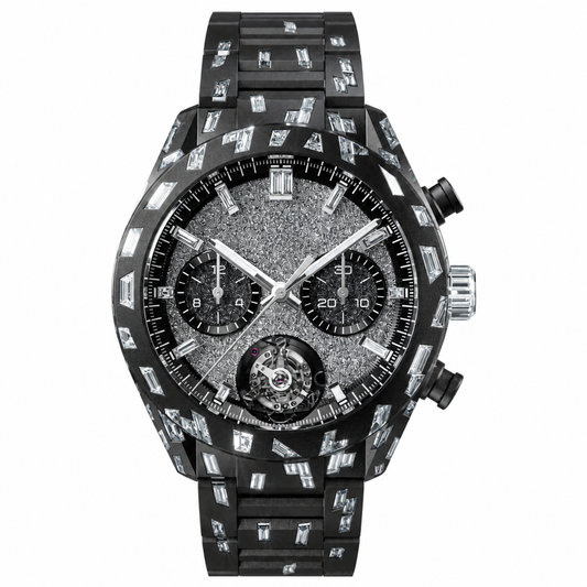 Luxury black ceramic sport chronograph watch with clear gem decorations