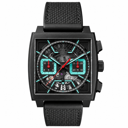 Square black sport chronograph wristwatch with turquoise accents and textured strap