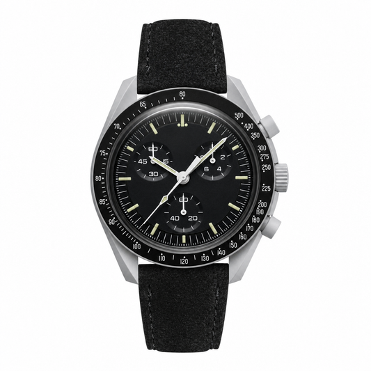 Chronograph watch with black dial and black suede strap, silver-tone case