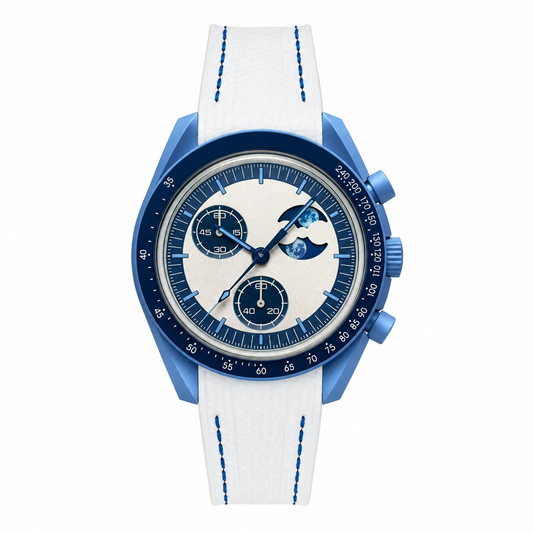 Sport-casual watch with blue case, off-white dial, white strap with blue stitching