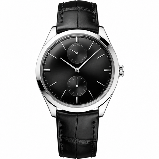 Men's dress watch with black dial, polished steel case, and black leather strap
