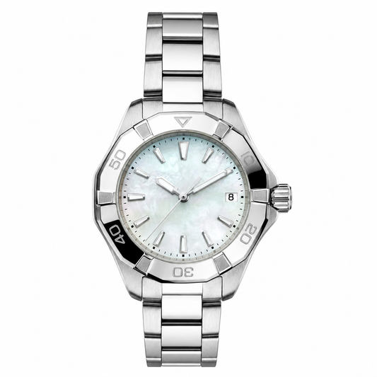 Stainless steel sport watch with mother-of-pearl dial and date window on white background