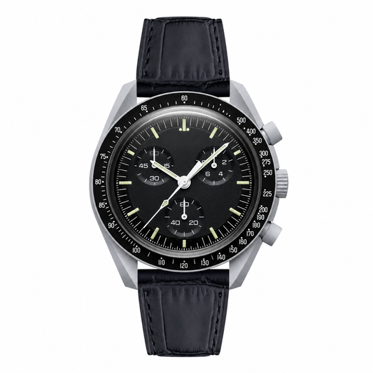Chronograph watch with black leather strap and black dial on white background