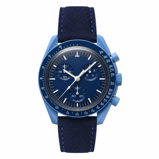 Blue chronograph wristwatch with blue suede strap on white background