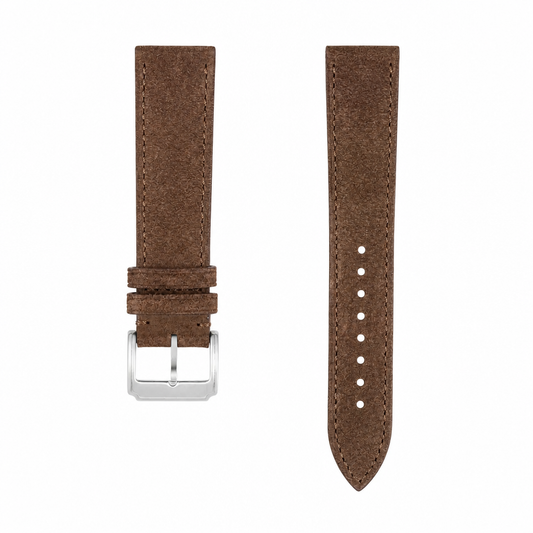 Brown suede leather watch strap with silver-tone buckle on white background